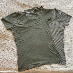 TWO Pact Organic Cotton V-neck Tee Shirts: Solid, Stripes, Sage Green, Sm. NWOT